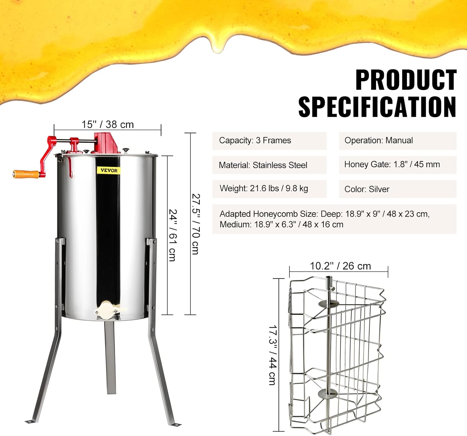 VEVOR 3 Frame Honey Extractor. Stainless Steel Manual Beekeeping Extraction. Honeycomb Drum Spinner with Transparent Lid. Apiary Centrifuge Equipment with Height Adjustable Stand - Image 7