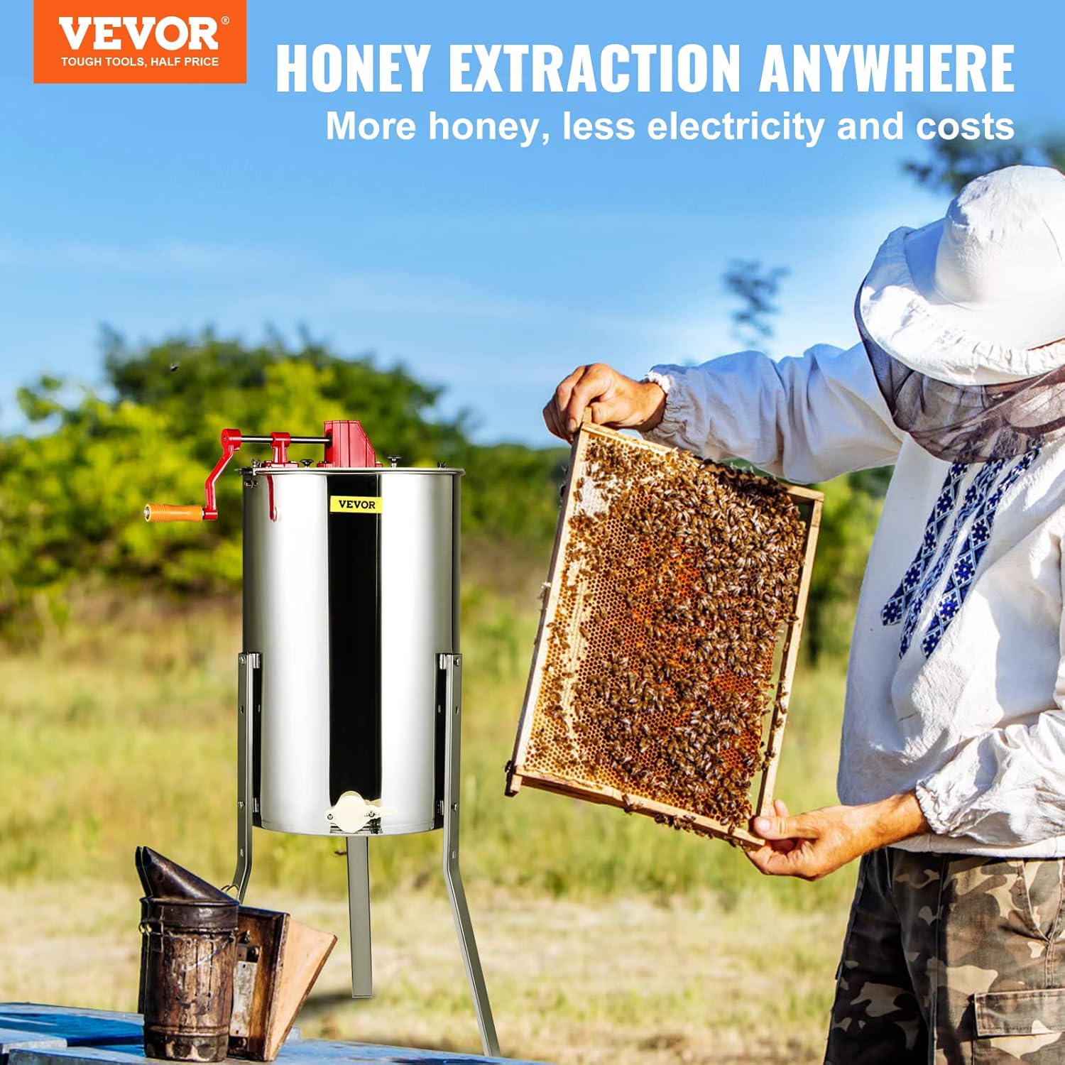 VEVOR 3 Frame Honey Extractor. Stainless Steel Manual Beekeeping Extraction. Honeycomb Drum Spinner with Transparent Lid. Apiary Centrifuge Equipment with Height Adjustable Stand - Image 2